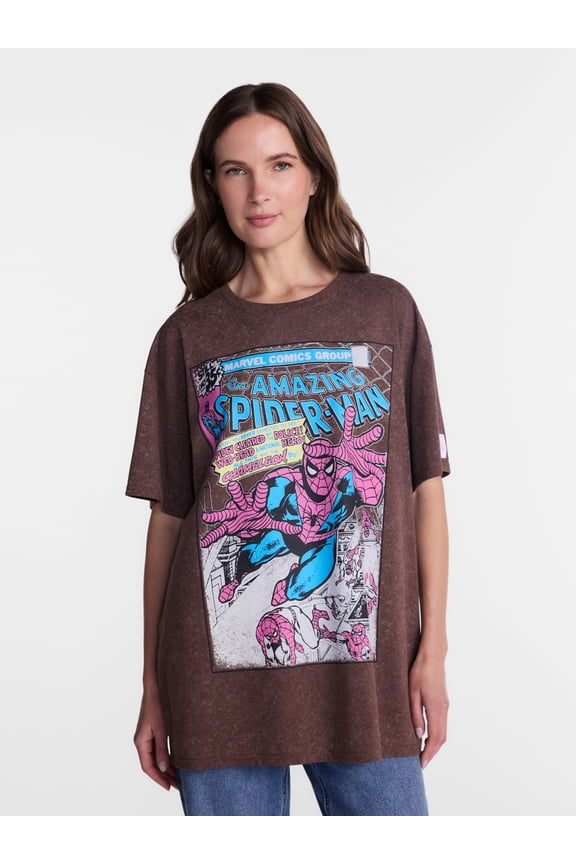 Marvel Spider-Man Women's Washed Oversized Graphic Tee with Short Sleeves, Sizes XXS-XXL