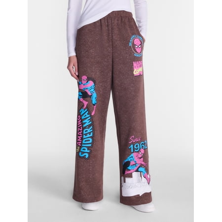 Spider-Man Marvel Spider-Man Women's Fleece Washed Graphic Wide Leg Jogger Pants, Sizes XXS-XXL