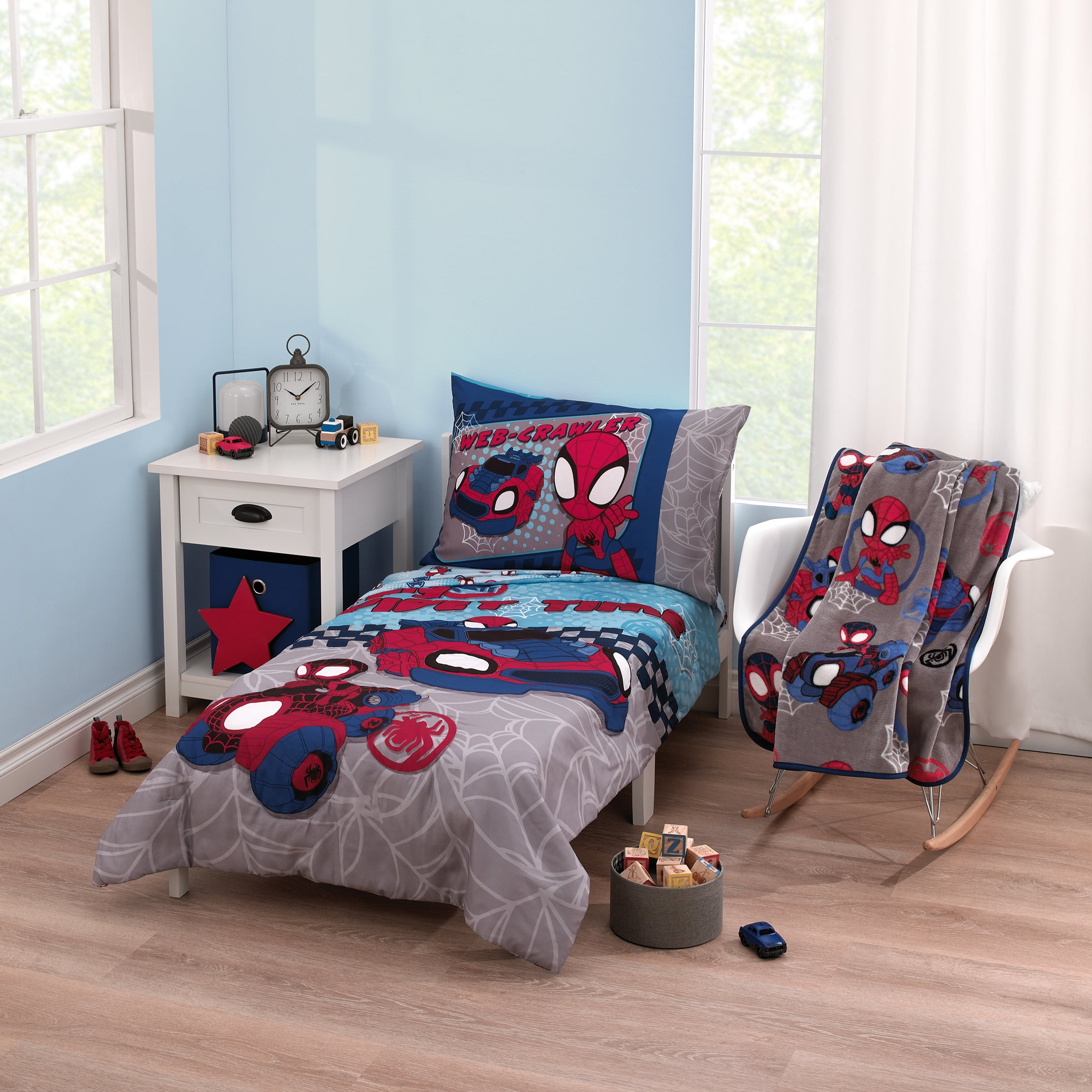 Marvel Spidey 5pc Toddler Bedding & Blanket Bundle, Toddler Bed, Boy, Blue, Polyester