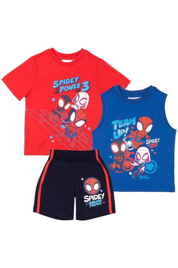 Marvel Spidey and His Amazing Friends 3 Piece Boys Short Set Spider-Man Short Sleeve Shirt Tank Top and Shorts Set 3 Pack Bundle Set Kids Toddlers Spider-Man Boys Clothes (Size 3T-8)