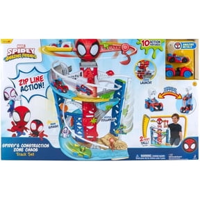 Marvel Spidey and His Amazing Friends Construction Zone Chaos Track Set - 2-Foot High Dual Race Track with Zip Line, Play Zones, and Exclusive Vehicles