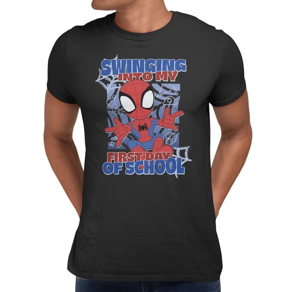 Marvel Spidey And His Amazing Friends Men's Swinging Into First School Day T-Shirt (Black, S-XXXL)