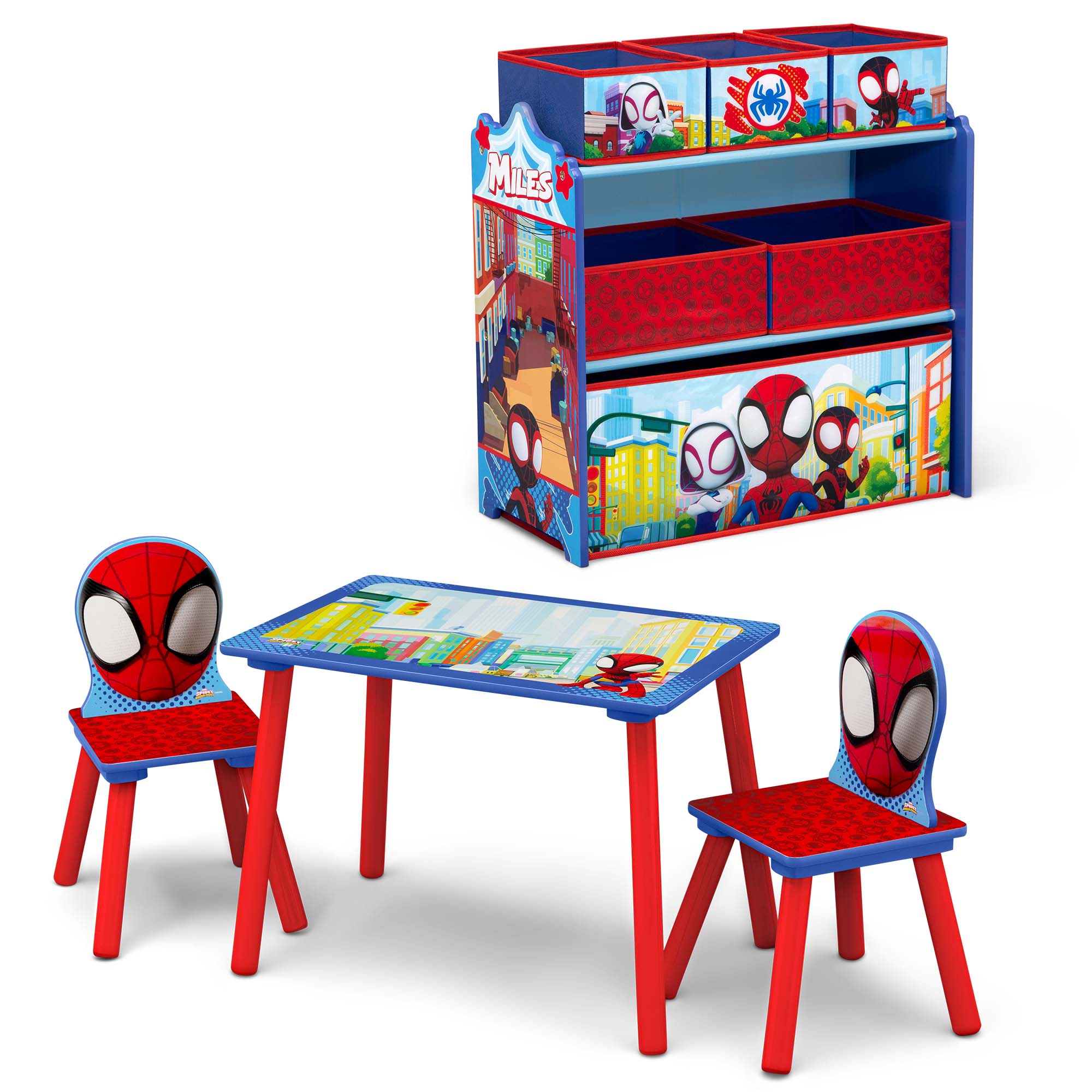 Marvel Spidey and His Amazing Friends 4-Piece Toddler Playroom Set by Delta Children – Includes Play Table with Dry Erase Tabletop and 6 Bin Toy Organizer with Reusable Vinyl Cling Stickers, Blue - image 1 of 11