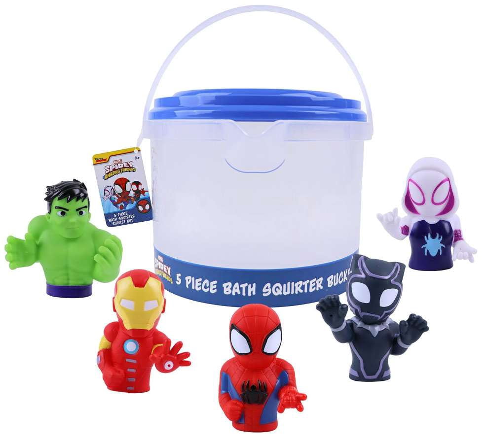 Marvel Spidey & Friends - Plus Avengers - 5 Piece Bath Squirter Bucket Set -Bath Toys for Baby and Toddlers - Includes Organizer Bucket - Store Bath Time Water Toy