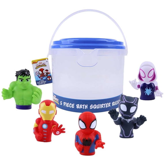 Marvel Spidey & Friends - Plus Avengers - 5 Piece Bath Squirter Bucket Set -Bath Toys for Baby and Toddlers - Includes Organizer Bucket - Store Bath Time Water Toy
