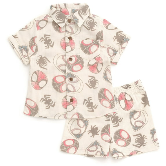 Marvel Spidey and His Amazing Friends Spider-Man Miles Morales Ghost-Spider Cotton Gauze Button Down Dress Shirt and Shorts Outfit Set Newborn to Toddler