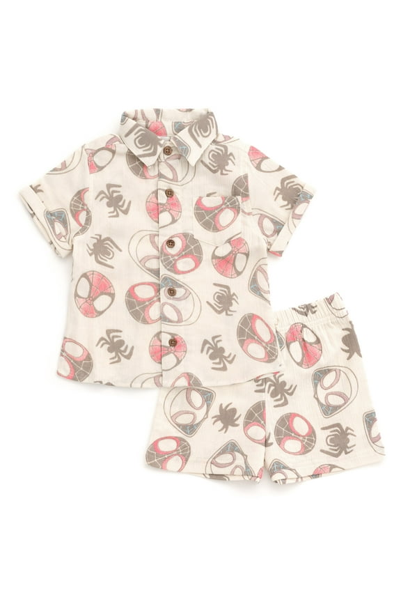 Spidey and His Amazing Friends Spider-Man Miles Morales Ghost-Spider Cotton Gauze Button Down Dress Shirt and Shorts Outfit Set Newborn to Toddler
