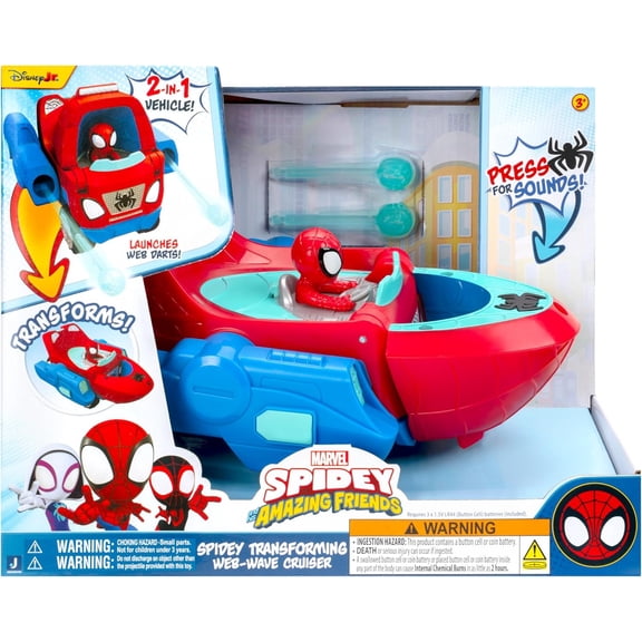 Marvel Spidey and His Amazing Friends Web-Wave Cruiser 9 Transforming Vehicle  2-in-1 Spider-Man Car Toy with Web Dart Launchers & Free-Rolling Wheels, Superhero Action Toy for Kids Ages 3+