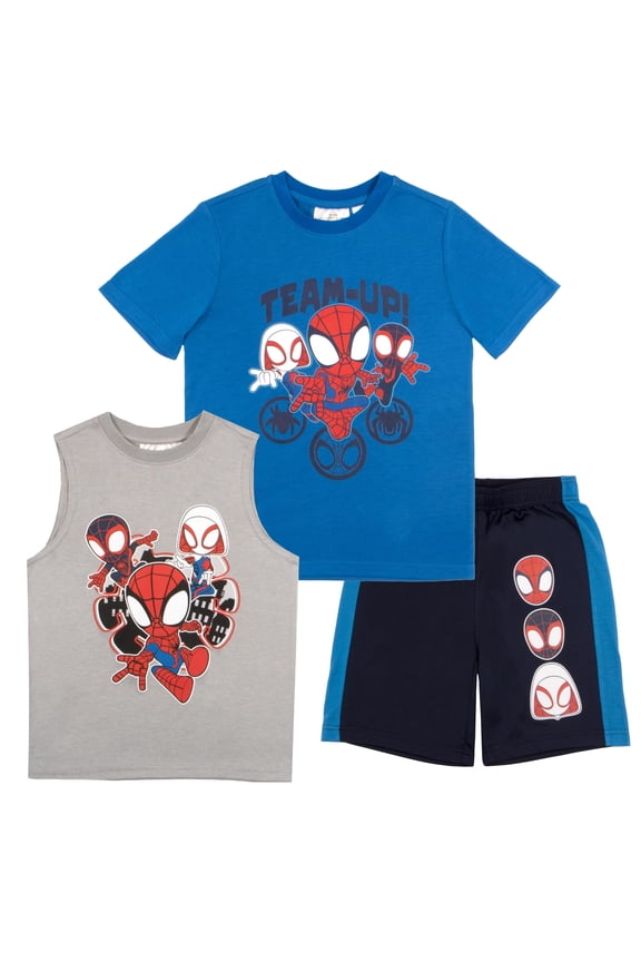 Spidey and His Amazing Friends 3 Piece Boys Short Set Spider-Man Shirt Tank Top and Shorts Set Spiderman 3 Pack (Size 3T-8)