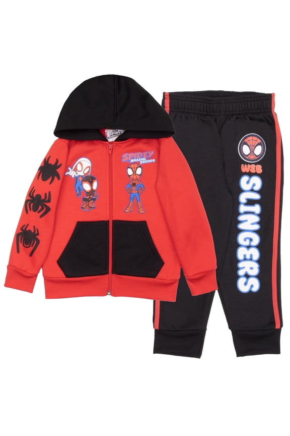 Spidey and His Amazing Friends Boys 2 Piece Fleece Set - Spiderman Zip Up Hoodie and Joggers 2-Pack Bundle for Kids (Size 3T-8)