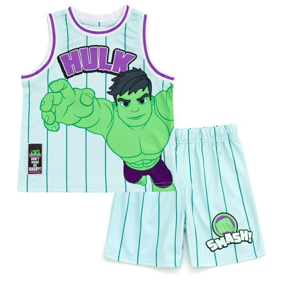 Marvel Spidey and His Amazing Friends Hulk Mesh Jersey Athletic Tank Top and Basketball Shorts Outfit Set Toddler to Little Kid