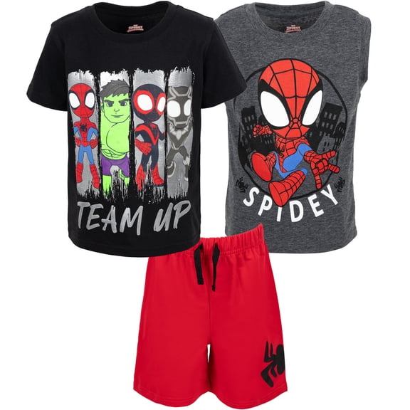Marvel Spidey and His Amazing Friends Little Boys T-Shirt Tank Top and French Terry Shorts 3 Piece Outfit Set Toddler to Little Kid