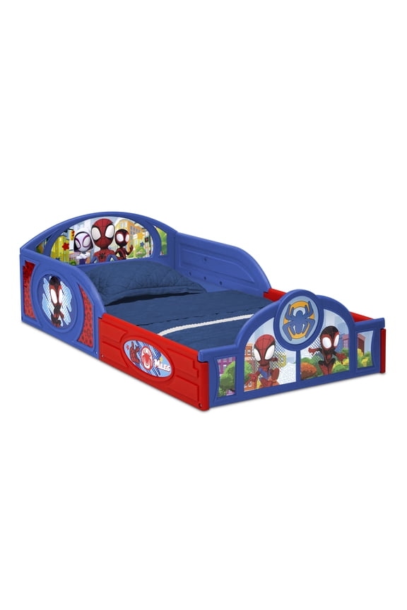 Marvel Spidey and His Amazing Friends Sleep and Play Toddler Bed with Built-In Guardrails by Delta Children, Blue