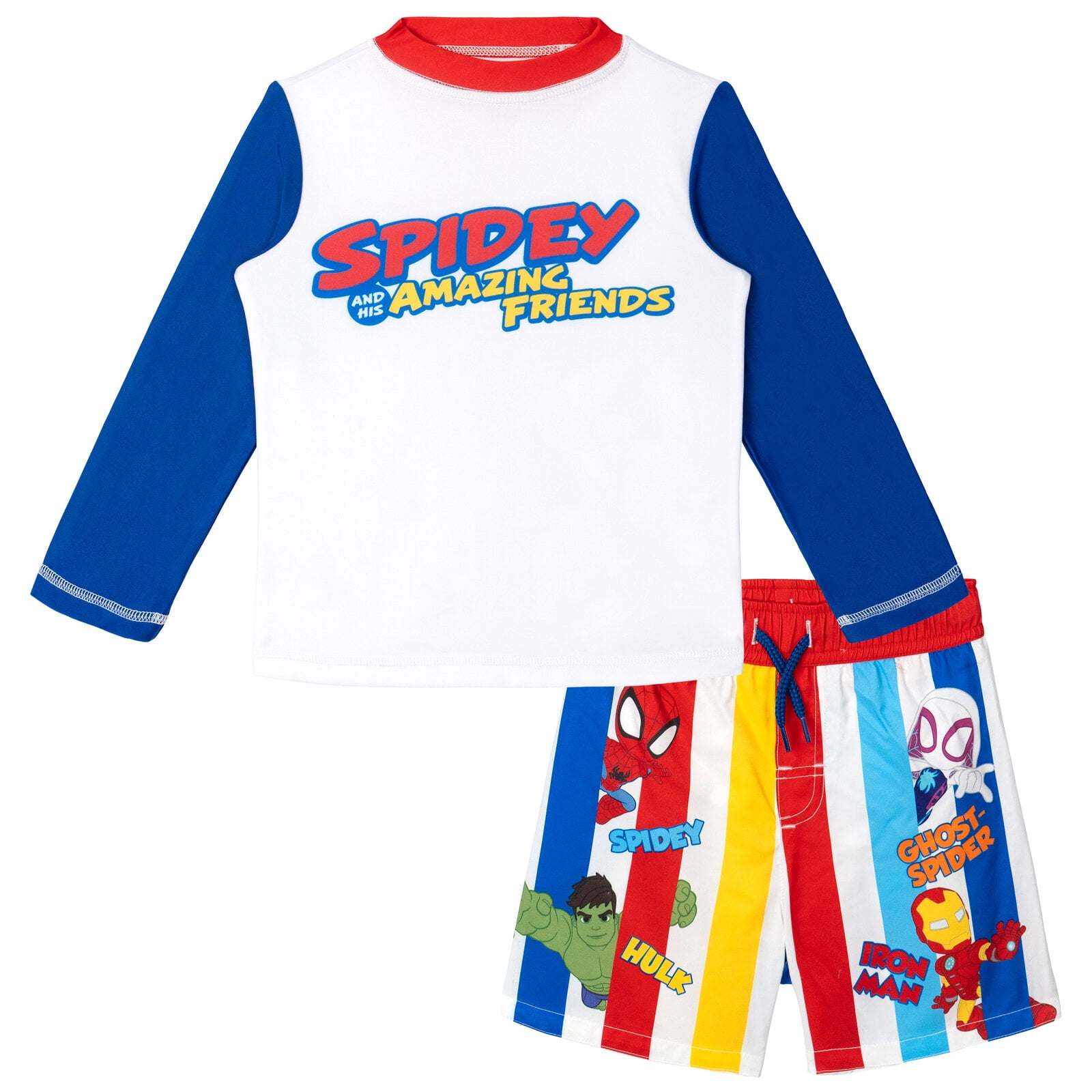 Marvel Spidey and His Amazing Friends Toddler Boys' Swimwear 2-Piece Rash Guard and Swim Trunks Set Spidey Hulk Multi