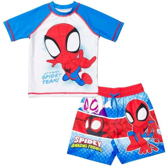 Marvel Spidey and His Amazing Friends Spider-Man Miles Morales Ghost-Spider Little Boys Rash Guard and Swim Trunks Outfit Set Toddler