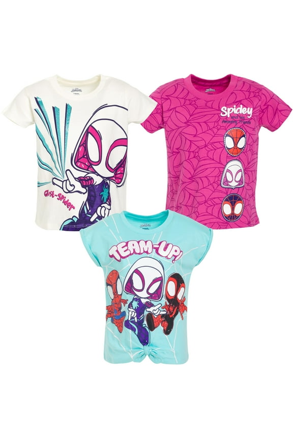 Spidey and His Amazing Friends Spider-Man Miles Morales Ghost-Spider Little Girls 3 Pack T-Shirts Toddler to Little Kid