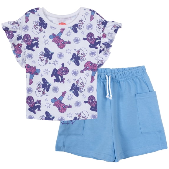 Marvel Spidey and His Amazing Friends Spider-Man Miles Morales Ghost-Spider T-Shirt and French Terry Shorts Outfit Set Toddler to Little Kid