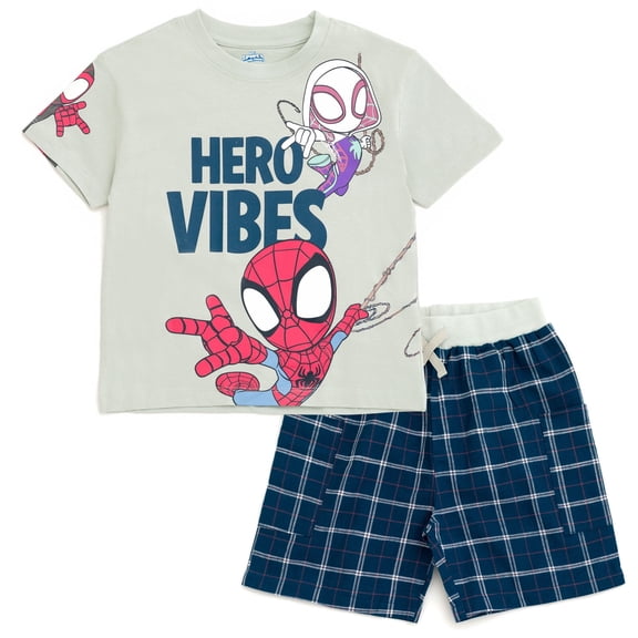 Marvel Spidey and His Amazing Friends Spider-Man Miles Morales Ghost-Spider T-Shirt and Shorts Outfit Set Plaid Toddler to Big Kid
