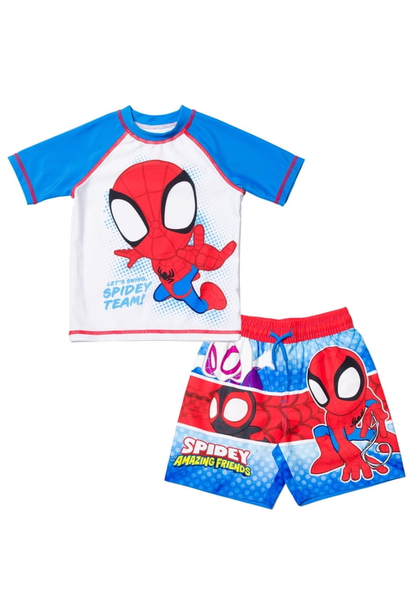 Spidey and His Amazing Friends Spider-Man Miles Morales Ghost-Spider Toddler Boys Rash Guard and Swim Trunks Outfit Set Toddler