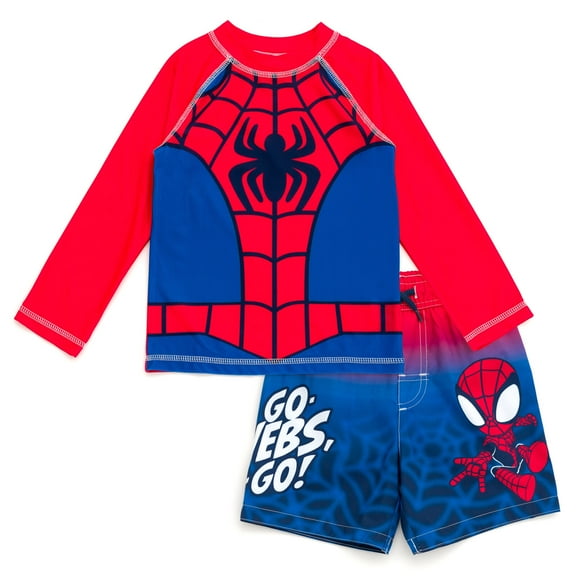 Marvel Spidey and His Amazing Friends Spider-Man UPF 50+ Cosplay Rash Guard and Swim Trunks Outfit Set Toddler