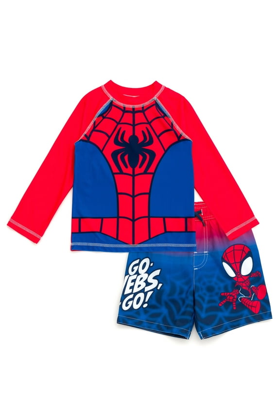 Spidey and His Amazing Friends Spider-Man UPF 50+ Cosplay Rash Guard and Swim Trunks Outfit Set Toddler