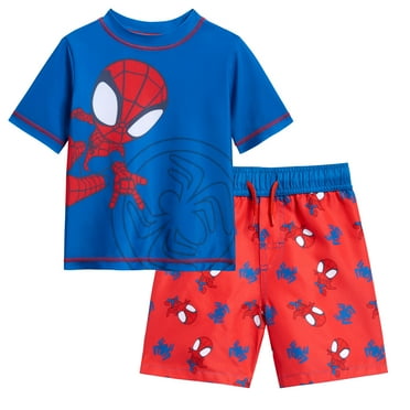 Marvel Spidey and His Amazing Friends Spider-Man UPF 50  Rash Guard Swim Trunks Outfit Set Toddler
