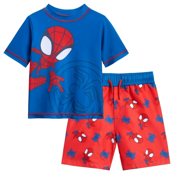 Marvel Spidey and His Amazing Friends Spider-Man UPF 50+ Rash Guard Swim Trunks Outfit Set Toddler