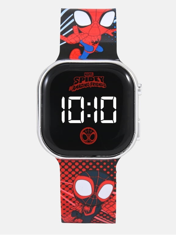 Marvel Spidey and His Amazing Friends Unisex Childrens LED Watch With Square Case and Printed Silicone Strap