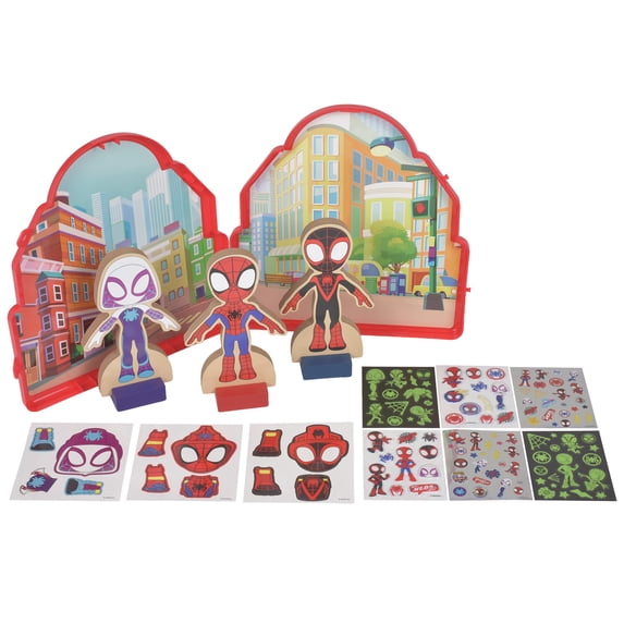 Marvel Spidey and His Amazing Friends Wooden Magnetic Activity, Storage Case with Magnetic Characters, Stickers, and 2 Play Scenes, Ages 3+