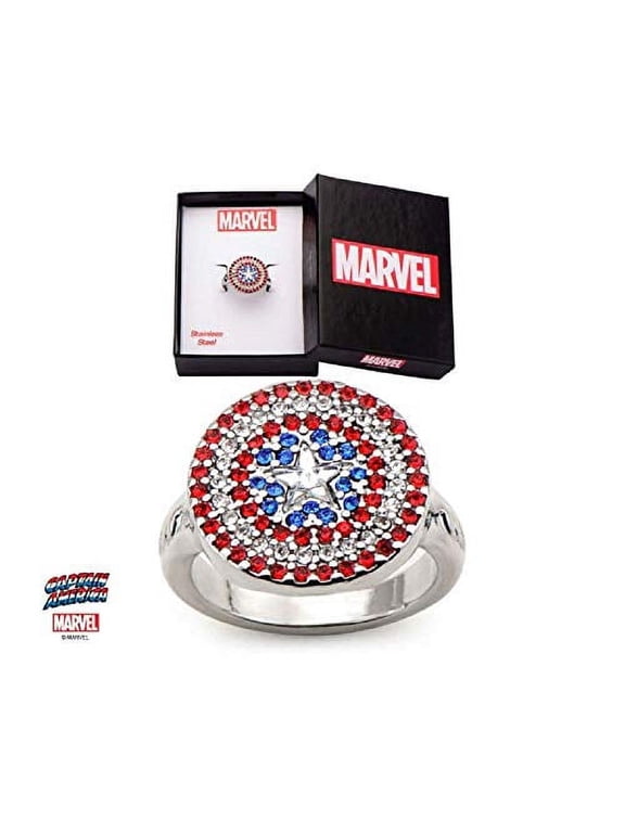 Studios: Captain America Logo Bling, Stainless Steel, Cubic Zirconia Womens Ring, Size - 8