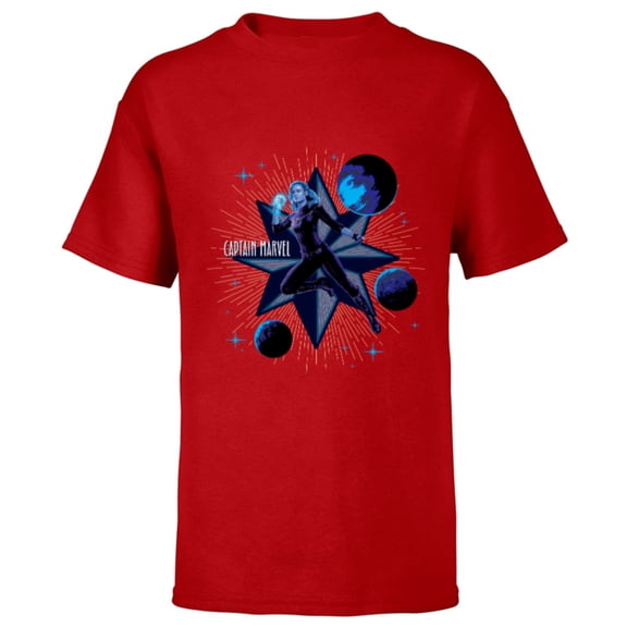 Marvel Studios The Marvels Captain Marvel and Star Symbol - Short Sleeve T-Shirt for Kids - Customized-Red