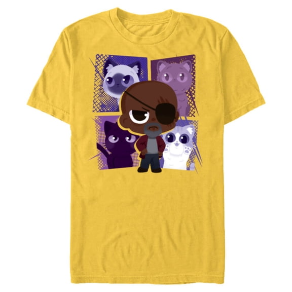 Marvel Studios The Marvels Nick Fury and Flerkittens Cute - Short Sleeve Blended T-Shirt for Adults - Customized-Yellow