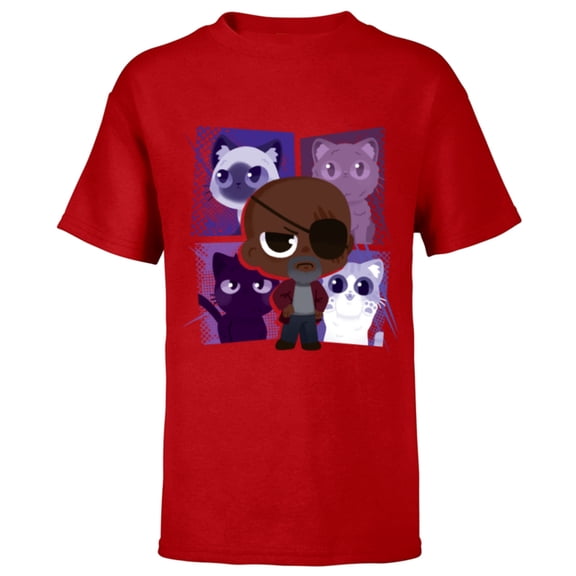 Marvel Studios The Marvels Nick Fury and Flerkittens Cute - Short Sleeve T-Shirt for Kids - Customized-Red