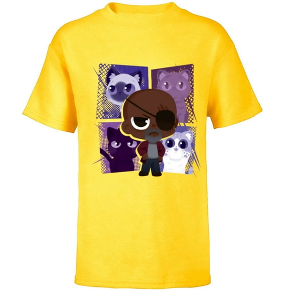 Marvel Studios The Marvels Nick Fury and Flerkittens Cute - Short Sleeve T-Shirt for Kids - Customized-Yellow