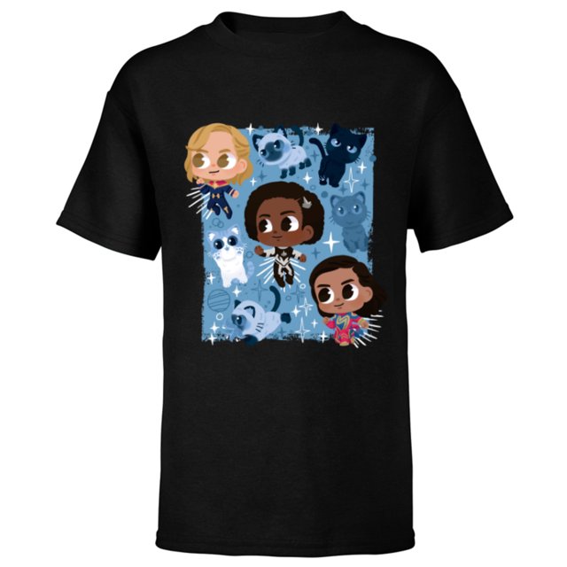 Marvel Studios The Marvels Super Heroes and Flerkittens Cute - Short Sleeve T-Shirt for Kids - Customized-Black