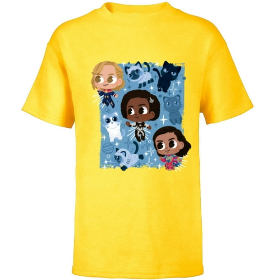 Marvel Studios The Marvels Super Heroes and Flerkittens Cute - Short Sleeve T-Shirt for Kids - Customized-Yellow