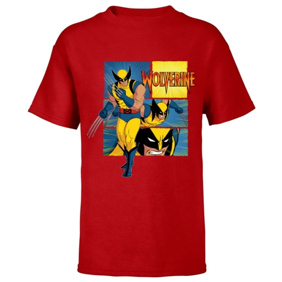 Marvel Studios X-Men ’97 Wolverine Claws Logo Action Panels- Short Sleeve T-Shirt for Kids - Customized-Red