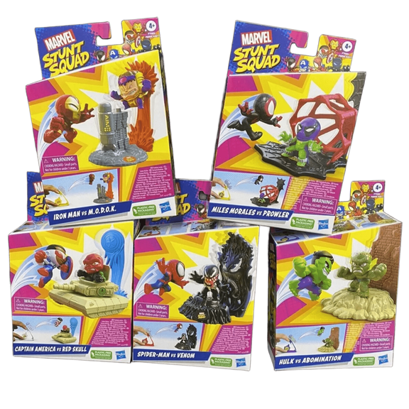 Marvel Stunt Squad Playset, 1.5-Inch Super Hero Action Figures Set -  CAPTAIN AMERICA VS. RED SKULL-HULK VS. ABOMINATION-IRON MAN VS M.O.D.O.K- Spider-Man vs. Venom-MILES MORALES VS. PROWLER