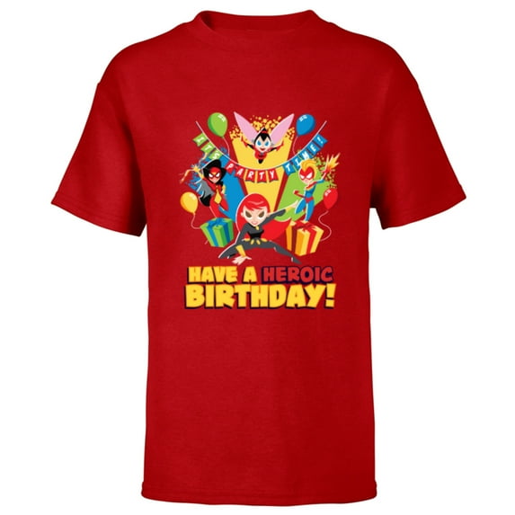 Marvel Super Hero Women Toony Party Have a Heroic Birthday - Short Sleeve T-Shirt for Kids - Customized-Red