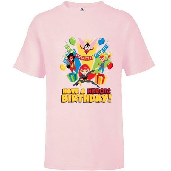 Marvel Super Hero Women Toony Party Have a Heroic Birthday - Short Sleeve T-Shirt for Kids - Customized-Soft Pink
