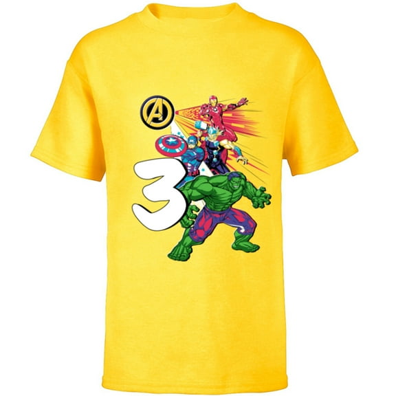 Marvel Super Heroes Avengers 3 Year Old Third Birthday - Short Sleeve T-Shirt for Kids - Customized-Yellow
