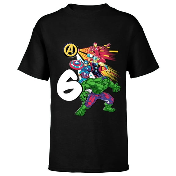 Marvel Super Heroes Avengers 6 Year Old Sixth Birthday - Short Sleeve T-Shirt for Kids - Customized-Black