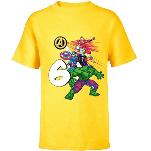 Marvel Super Heroes Avengers 6 Year Old Sixth Birthday - Short Sleeve T-Shirt for Kids - Customized-Yellow