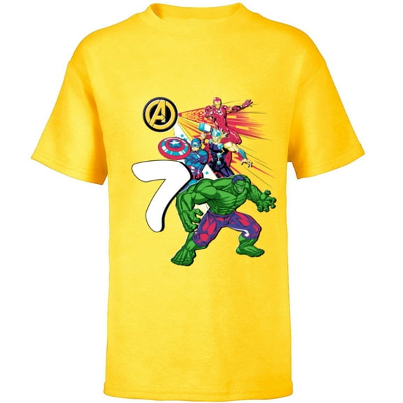 Marvel Super Heroes Avengers 7 Year Old Seventh Birthday - Short Sleeve T-Shirt for Kids - Customized-Yellow
