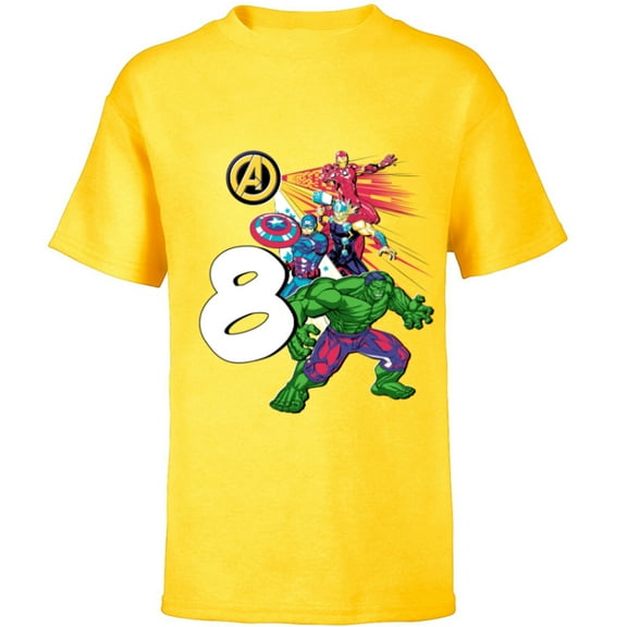 Marvel Super Heroes Avengers 8 Year Old Eighth Birthday - Short Sleeve T-Shirt for Kids - Customized-Yellow