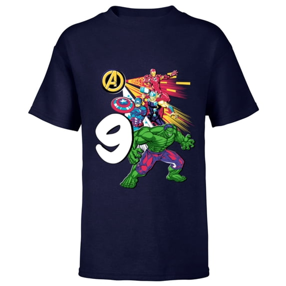 Marvel Super Heroes Avengers 9 Year Old Ninth Birthday - Short Sleeve T-Shirt for Kids - Customized-Navy