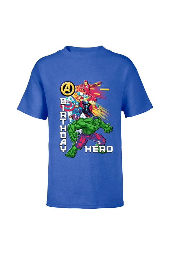 Super Heroes Avengers Team & Logo Birthday Hero - Short Sleeve T-Shirt for Kids - Customized-Royal