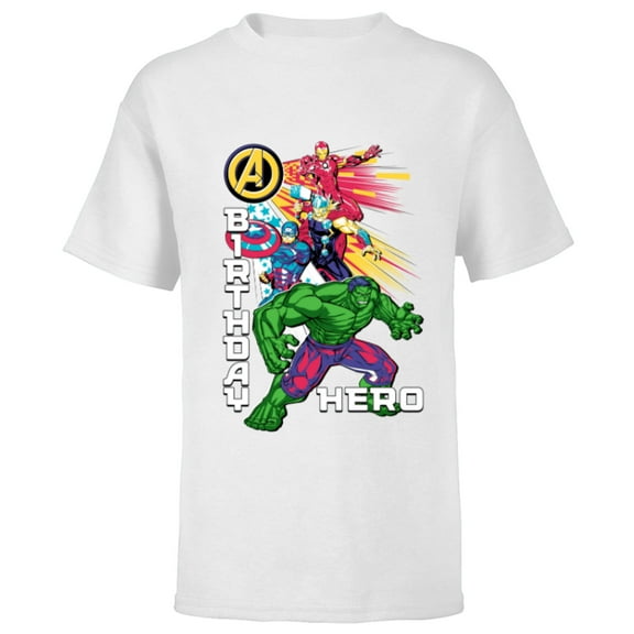 Marvel Super Heroes Avengers Team & Logo Birthday Hero - Short Sleeve T-Shirt for Kids - Customized-White