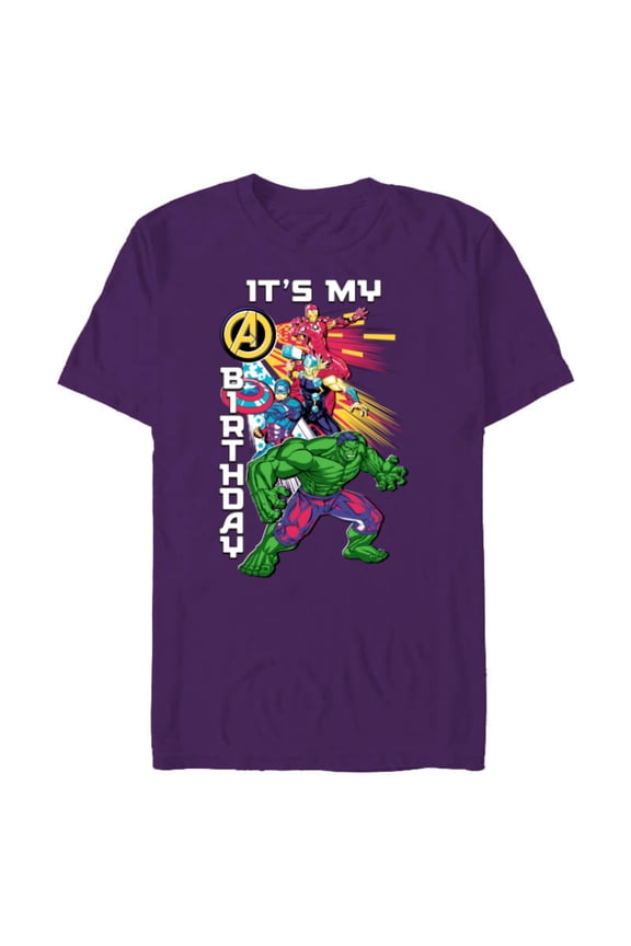 Super Heroes Avengers Team & Logo It’s My Birthday - Short Sleeve Blended T-Shirt for Adults - Customized-Purple