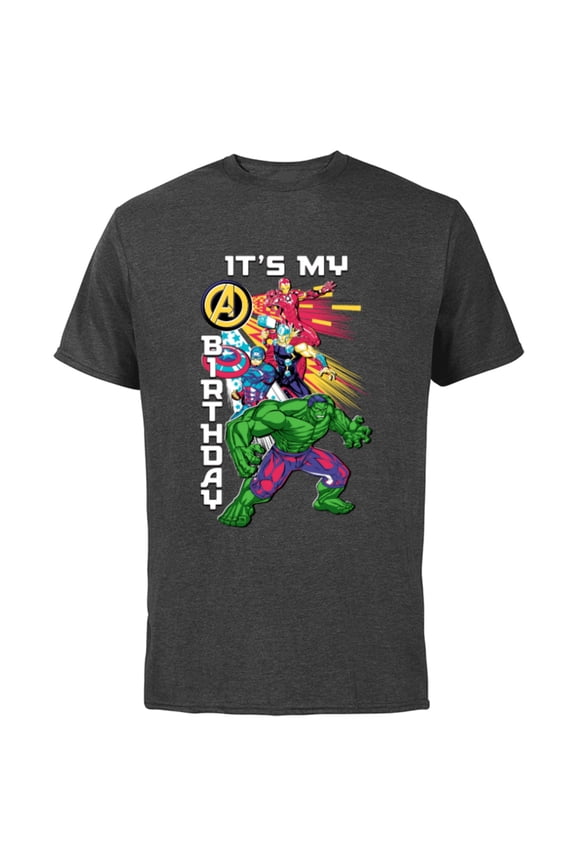 Super Heroes Avengers Team & Logo It’s My Birthday - Short Sleeve Cotton T-Shirt for Adults - Customized-Charcoal